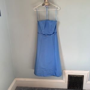 Blue strapless satin dress with decorative belt